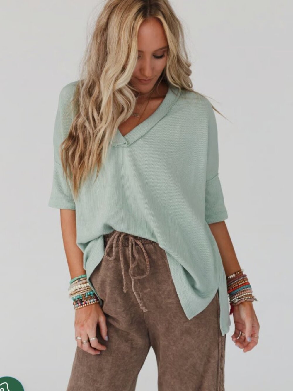 Three Bird Nest, M, The Nest On The Go V Neck Ribbed Essential Tee, Sage, NWOT - Picture 2 of 7